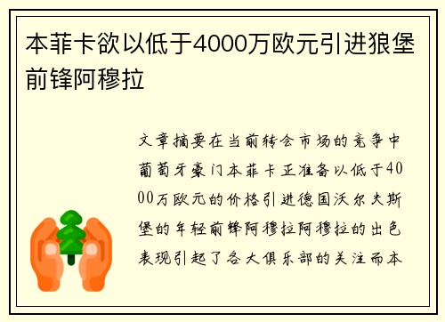 本菲卡欲以低于4000万欧元引进狼堡前锋阿穆拉