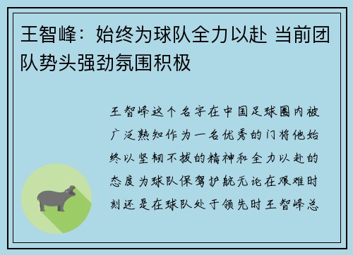 王智峰：始终为球队全力以赴 当前团队势头强劲氛围积极