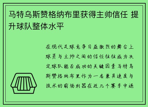 马特乌斯赞格纳布里获得主帅信任 提升球队整体水平